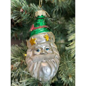Vintage Thomas Pacconi Santa Ornament Glass Hand-Blown Green Hat Gold Stars Chri